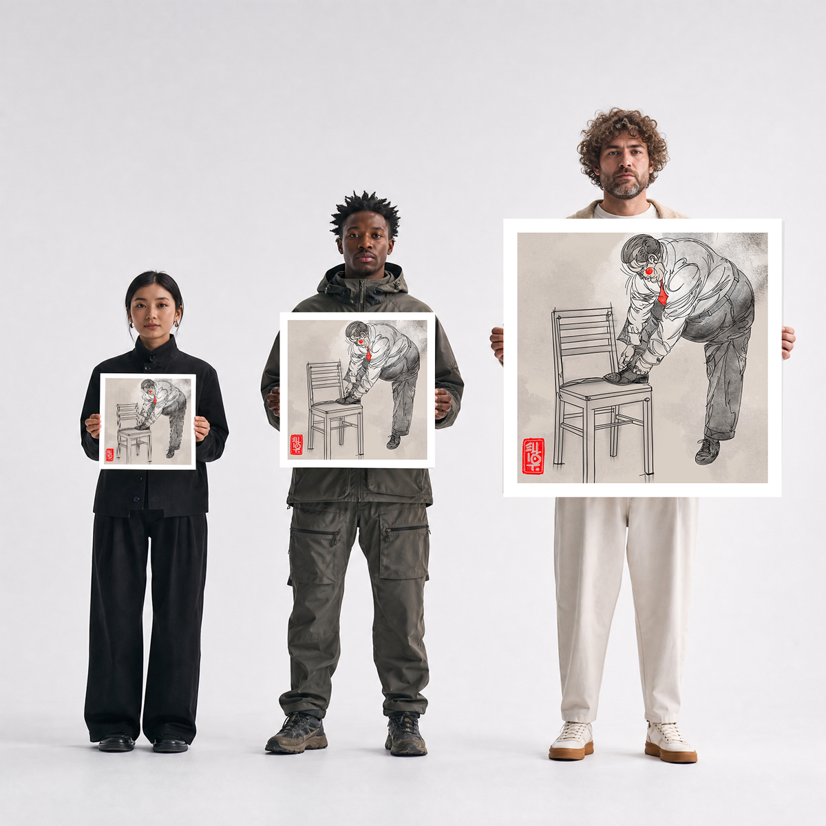 Scale comparison photo showing the 12x12, 20x20, and 40x40 print sizes of 'The Struggle Is Real' by Sunday Morning, held by three models for size reference.