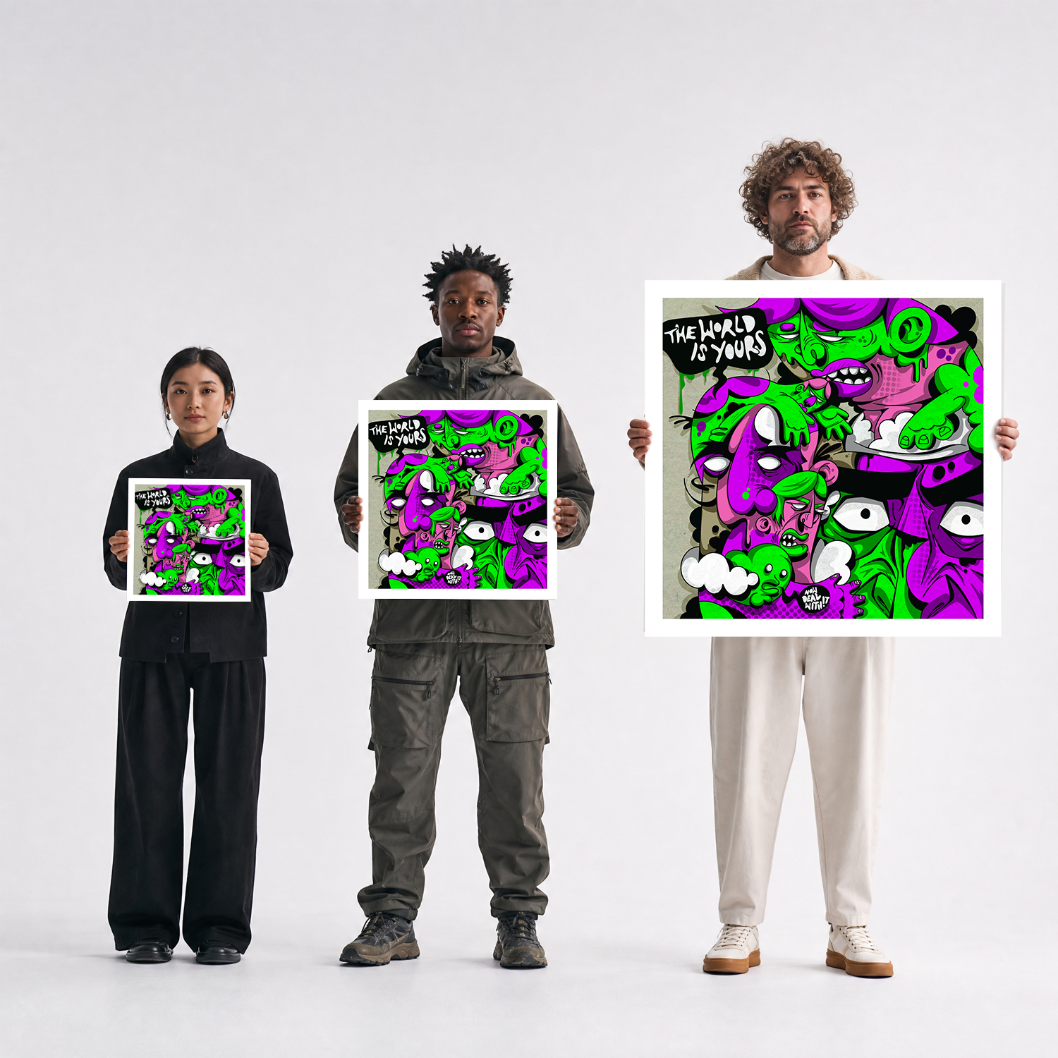 Scale comparison photo showing the 12x12, 20x20, and 40x40 print sizes of 'The World Is Yours' by Sunday Morning, held by three models for size reference.