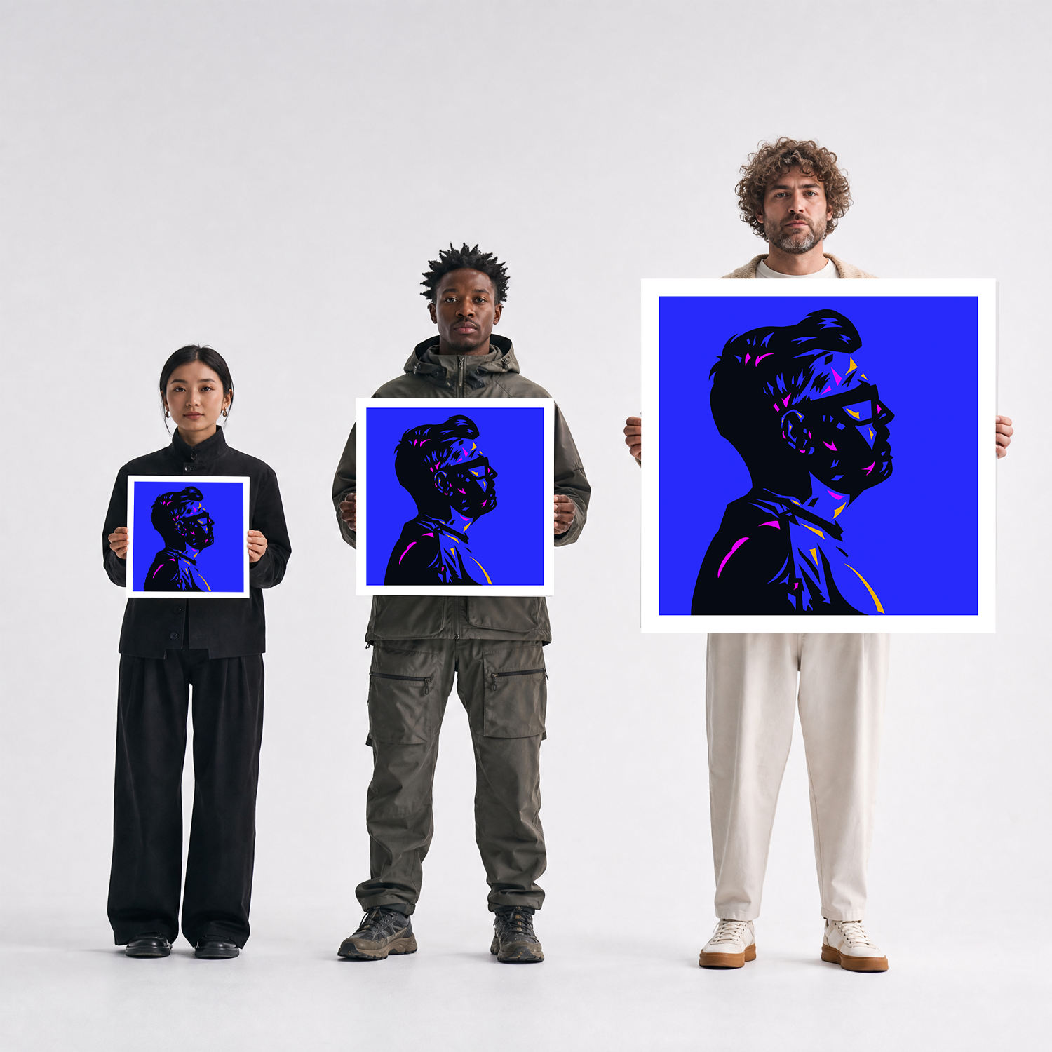 Scale comparison photo showing the 12x12, 20x20, and 40x40 print sizes of 'Things Are Looking Up' by Sunday Morning, held by three models for size reference.