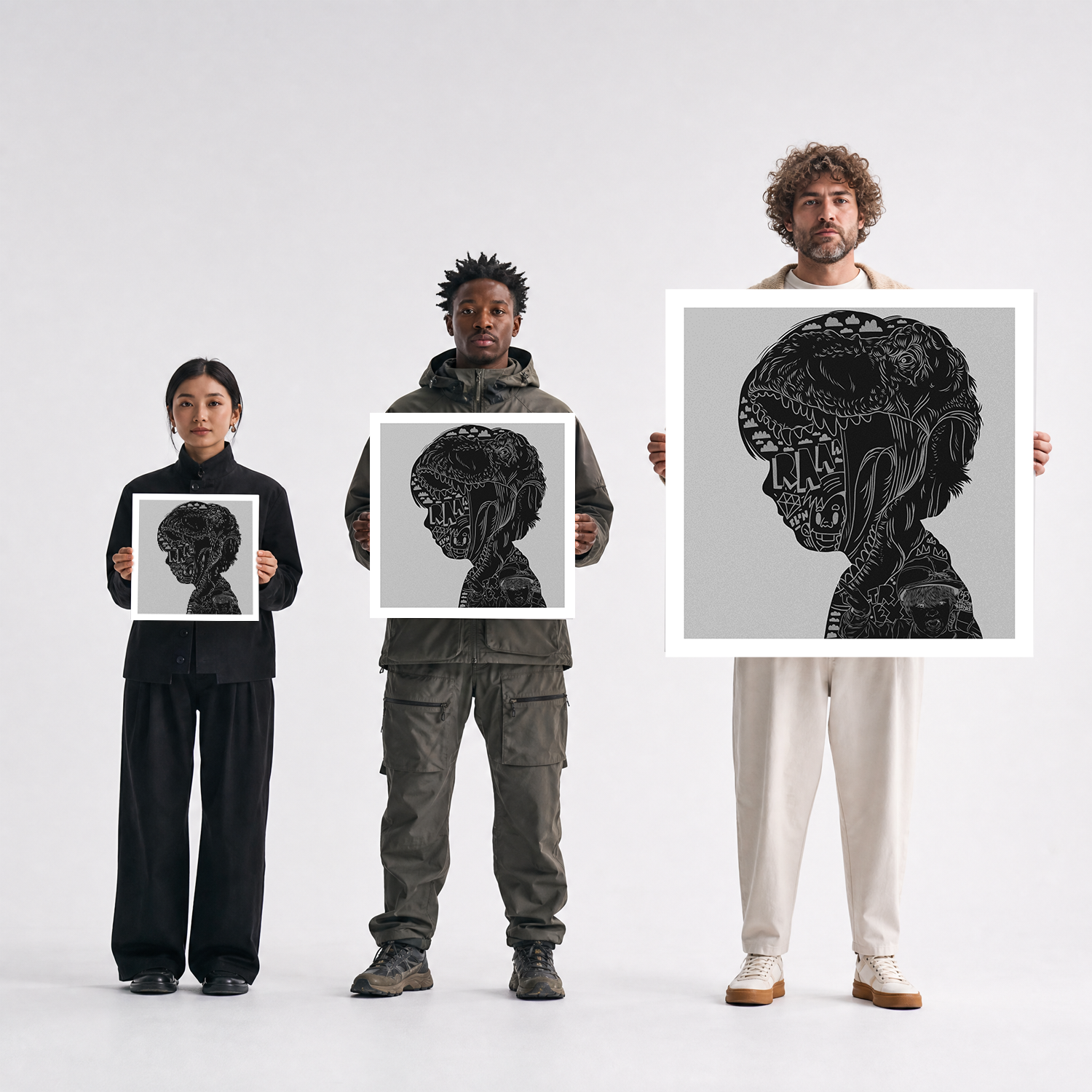 Scale comparison photo showing the 12x12, 20x20, and 40x40 print sizes of 'Things Matter' by Sunday Morning, held by three models for size reference.
