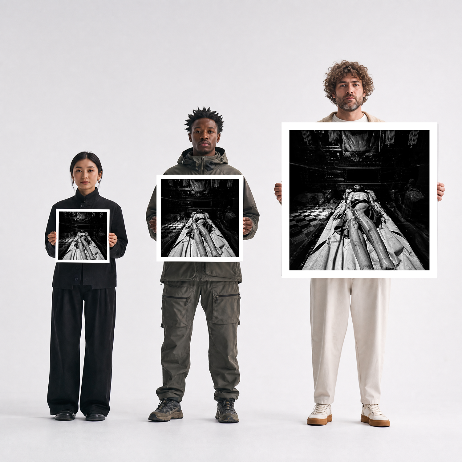 Scale comparison photo showing the 12x12, 20x20, and 40x40 print sizes of 'Torn' by Sunday Morning, held by three models for size reference.
