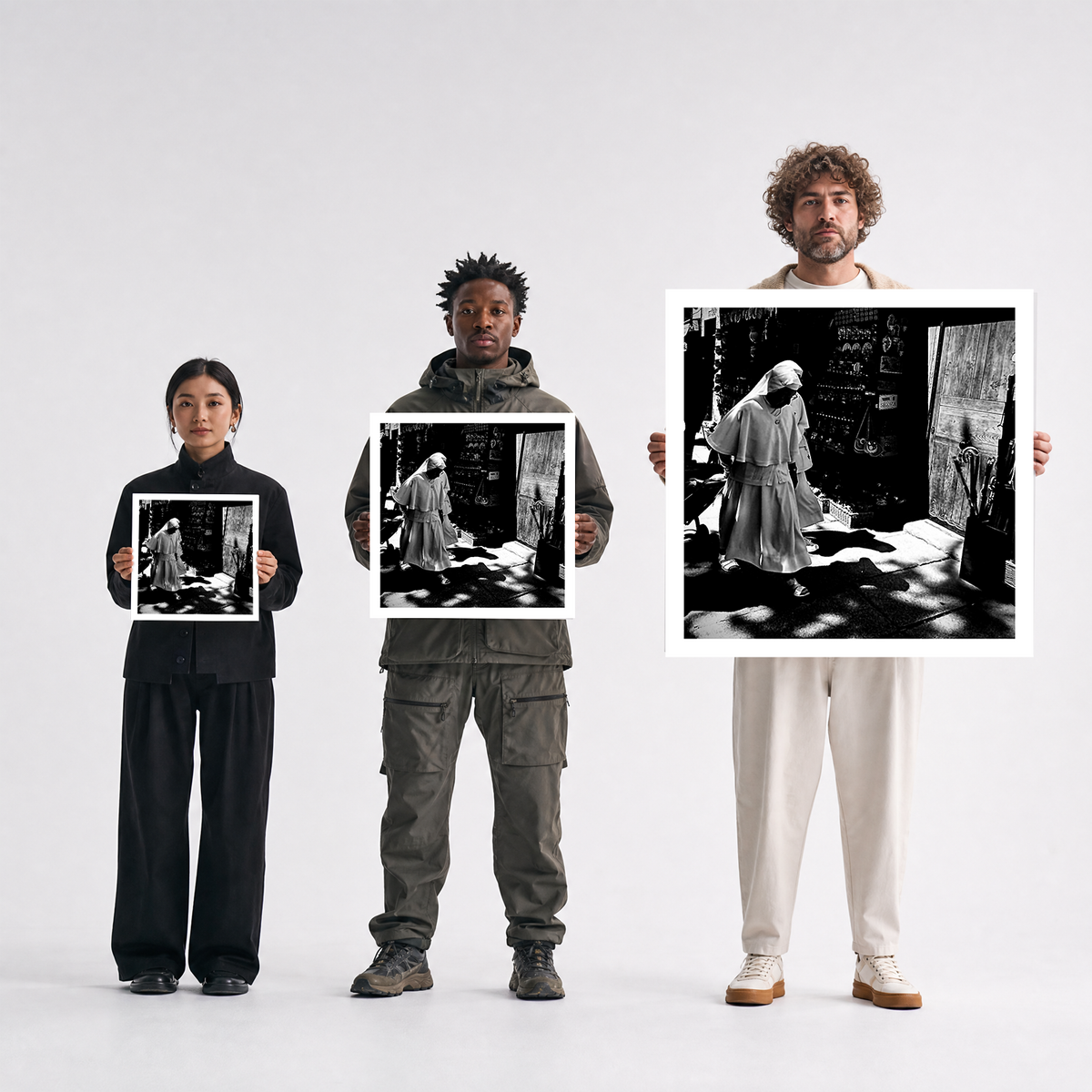 Scale comparison photo showing the 12x12, 20x20, and 40x40 print sizes of 'Tradition' by Sunday Morning, held by three models for size reference.