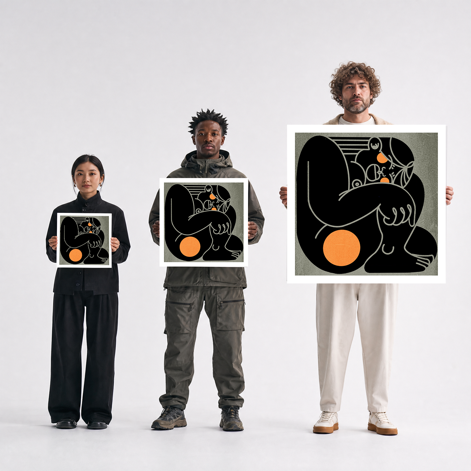 Scale comparison photo showing the 12x12, 20x20, and 40x40 print sizes of 'Up Girl' by Sunday Morning, held by three models for size reference.