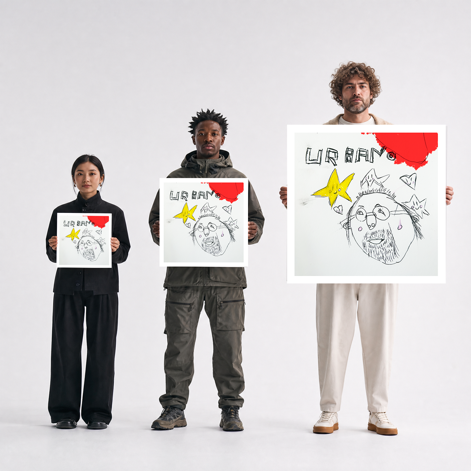 Scale comparison photo showing the 12x12, 20x20, and 40x40 print sizes of 'Urbano' by Sunday Morning, held by three models for size reference.
