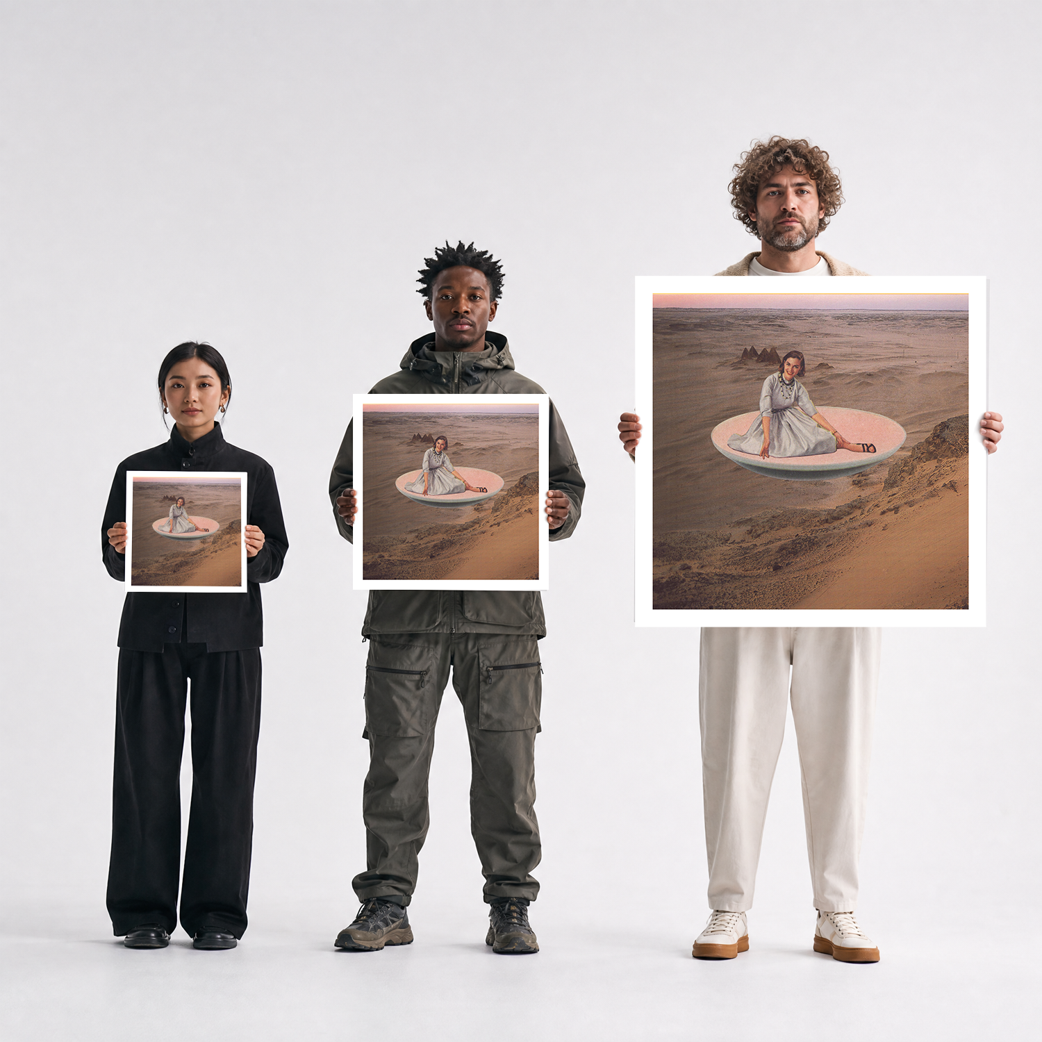 Scale comparison photo showing the 12x12, 20x20, and 40x40 print sizes of 'Venusian' by Sunday Morning, held by three models for size reference.