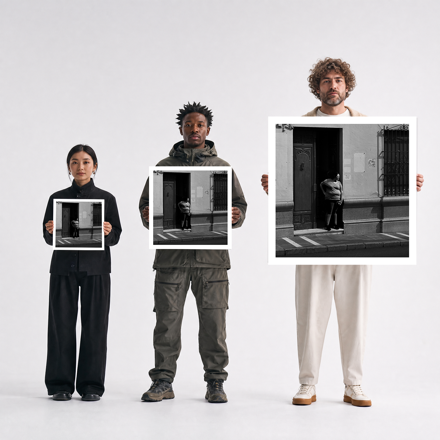 Scale comparison photo showing the 12x12, 20x20, and 40x40 print sizes of 'Wait' by Sunday Morning, held by three models for size reference.