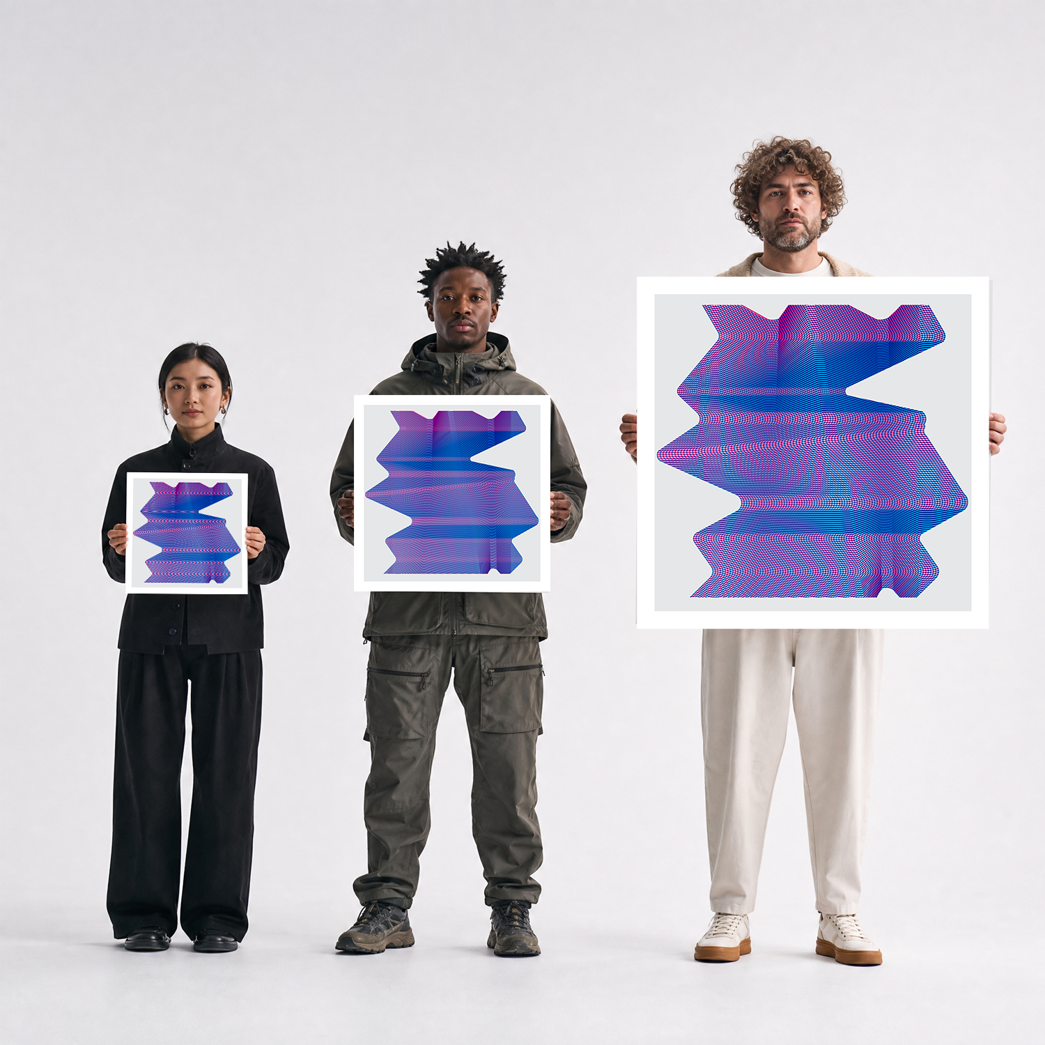Scale comparison photo showing the 12x12, 20x20, and 40x40 print sizes of 'Waves' by Sunday Morning, held by three models for size reference.