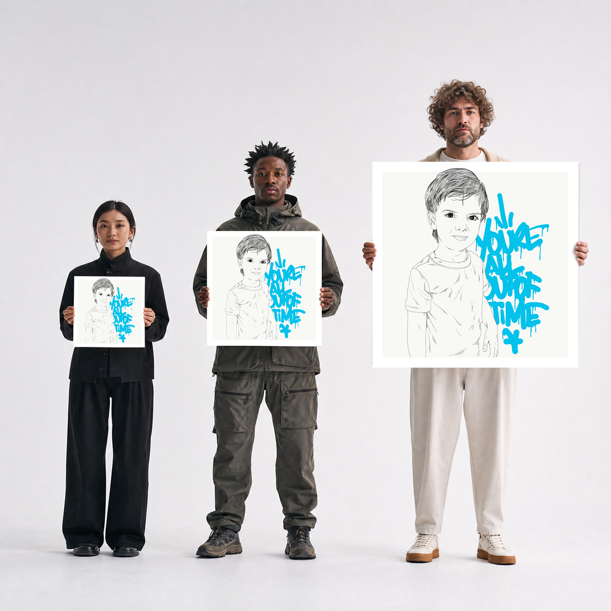 Scale comparison photo showing the 12x12, 20x20, and 40x40 print sizes of 'Youre All Outta Time' by Sunday Morning, held by three models for size reference.