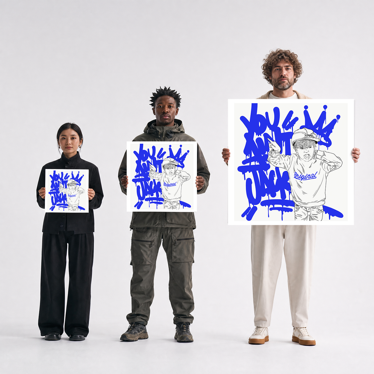 Scale comparison photo showing the 12x12, 20x20, and 40x40 print sizes of 'You Aint Jack' by Sunday Morning, held by three models for size reference.