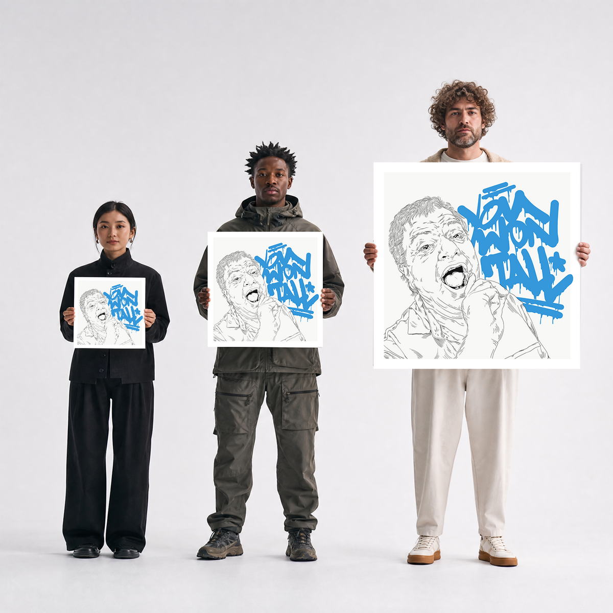 Scale comparison photo showing the 12x12, 20x20, and 40x40 print sizes of 'You Won It All' by Sunday Morning, held by three models for size reference.