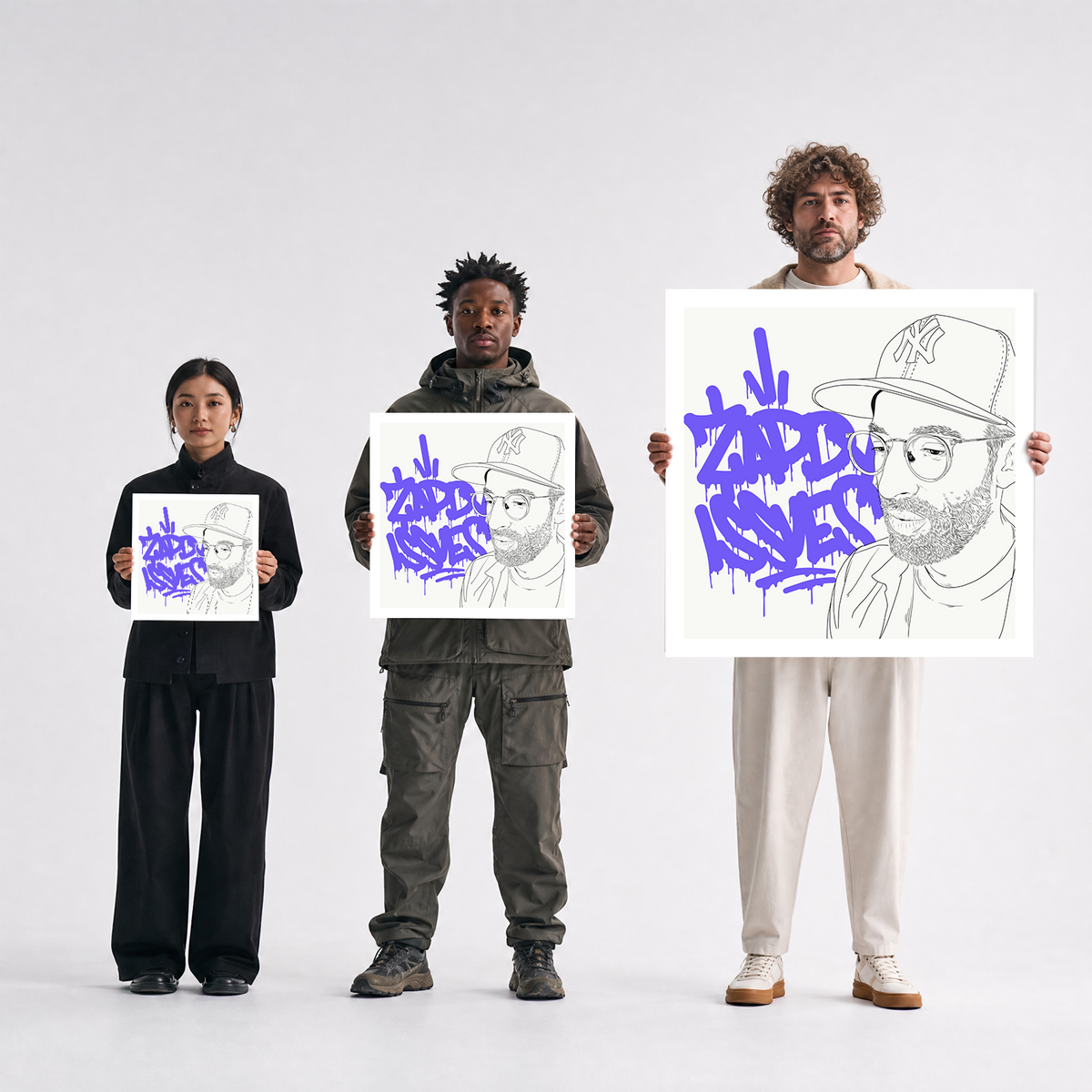 Scale comparison photo showing the 12x12, 20x20, and 40x40 print sizes of 'Zaddy Issues' by Sunday Morning, held by three models for size reference.