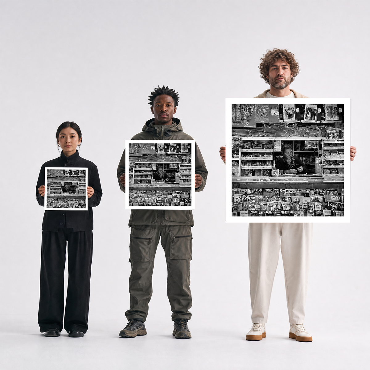 Scale comparison photo showing the 12x12, 20x20, and 40x40 print sizes of 'In The Collage' by Sunday Morning, held by three models for size reference.