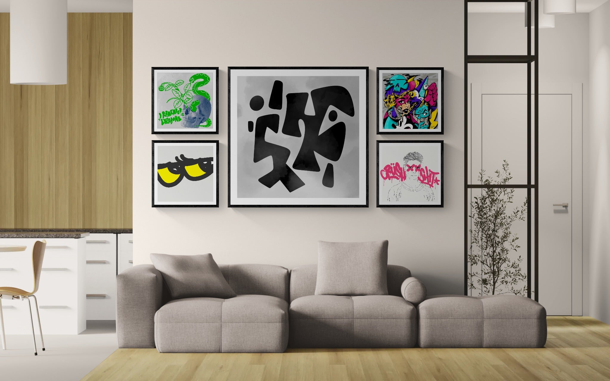 A modern living room scene with a gray sectional sofa and a wall-mounted gallery of six framed abstract and colorful art prints. The room has light wood flooring, white walls, and a black metal shelving unit on the right.