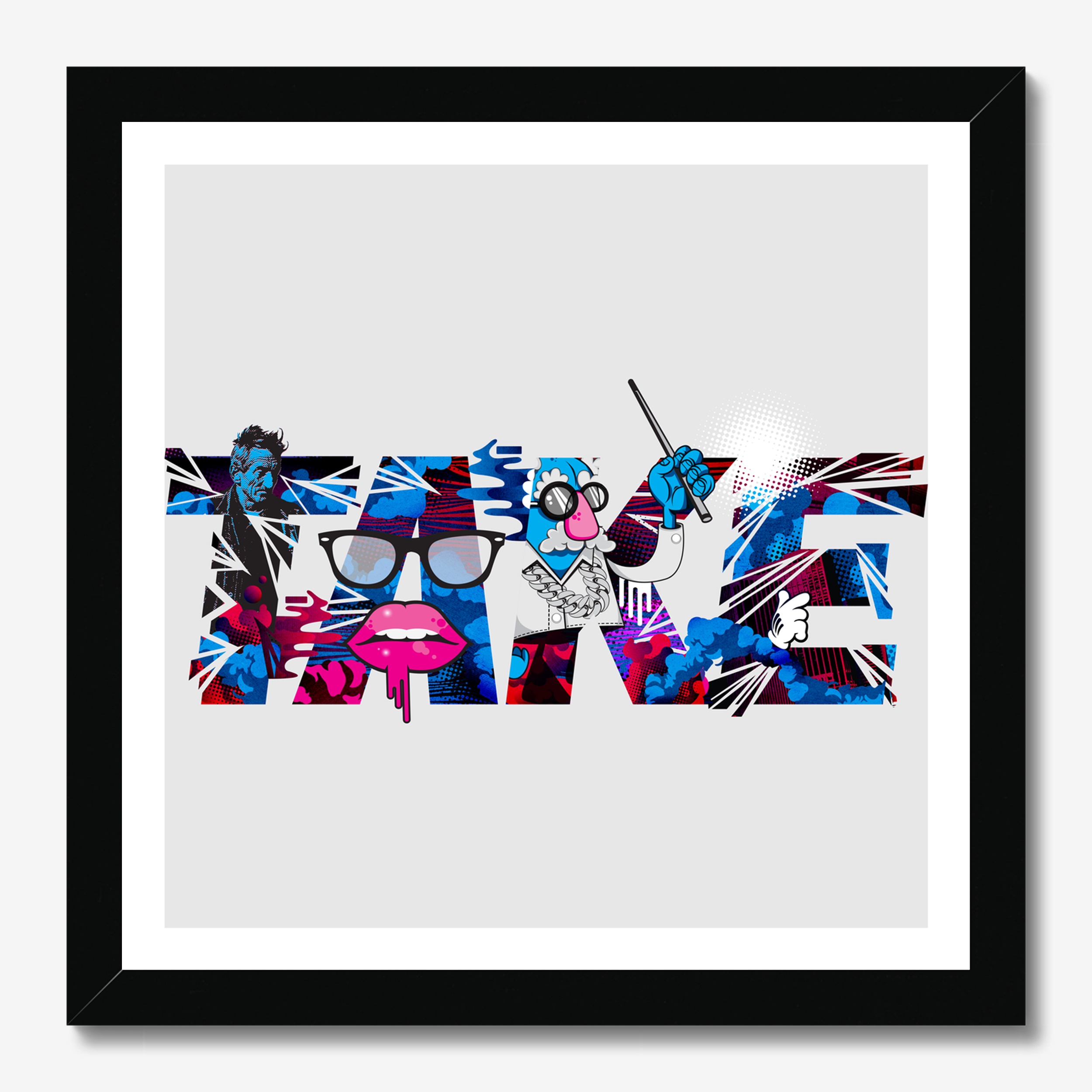 Square typography & illustrative framed wall art titled 'Take' by Sunday Morning. Premium Giclée print.