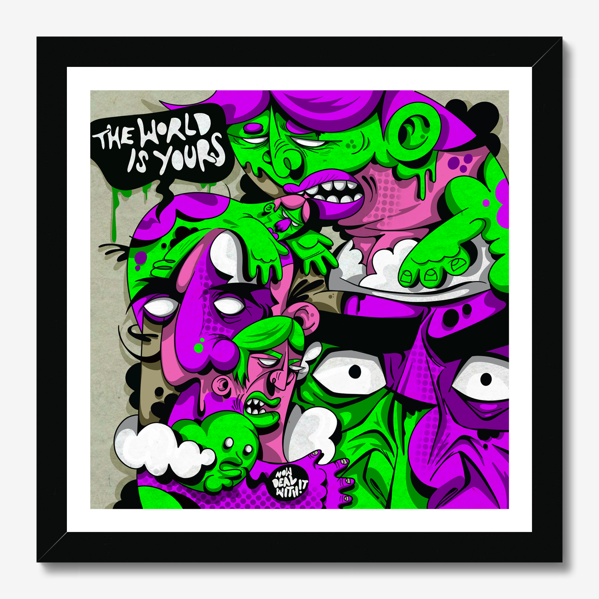 Square illustrative typography illustration titled The World Is Yours by Sunday Morning - Museum quality framed art.