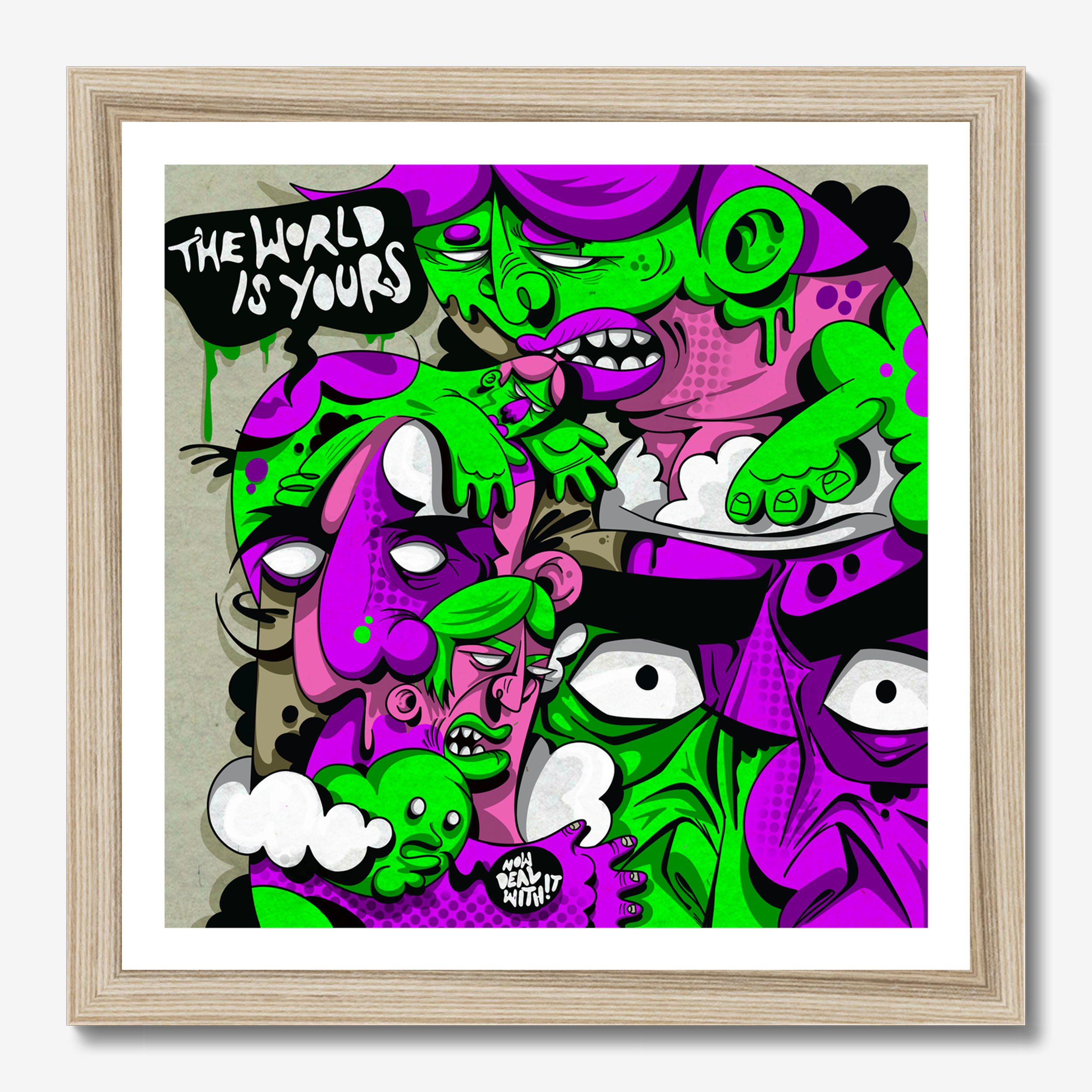Square illustrative typography illustration titled The World Is Yours by Sunday Morning - Museum quality framed art.