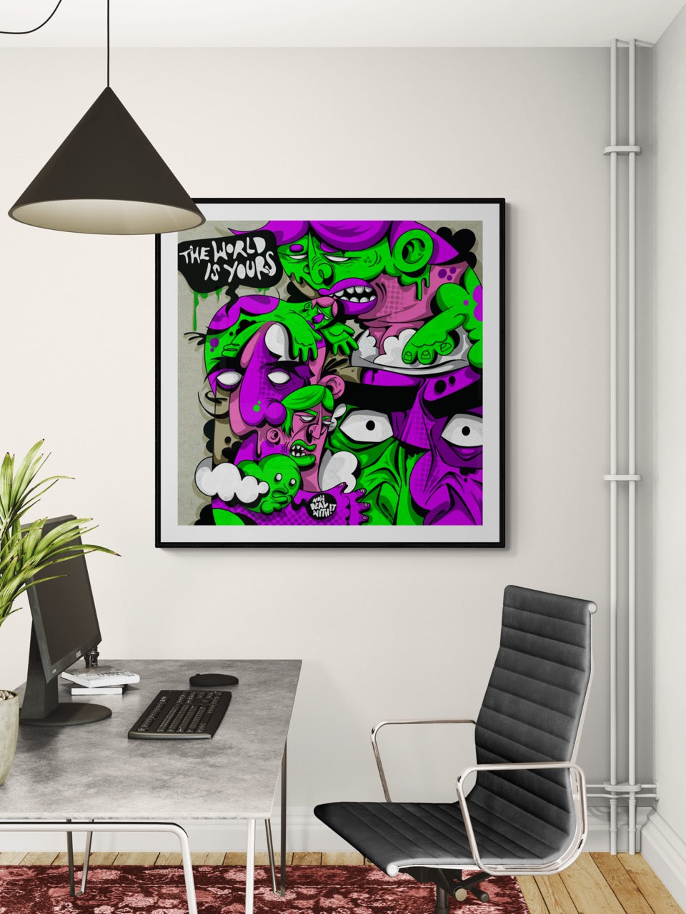 Square fine art print titled The World Is Yours by Sunday Morning - Illustration museum quality framed art.